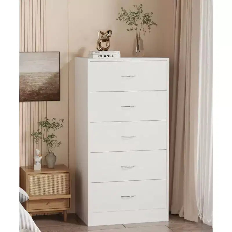 Wood 5-Drawer Tall Dresser with Metal Handles